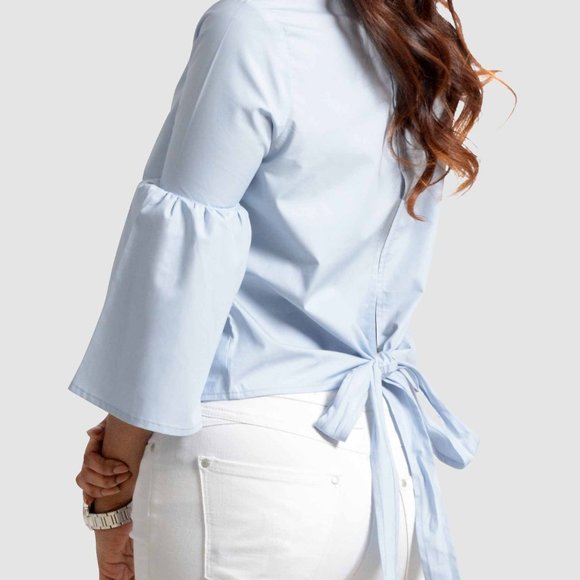 OLGYN Three-Quarter Flare Sleeve Light Blue Top - Picture 2 of 4